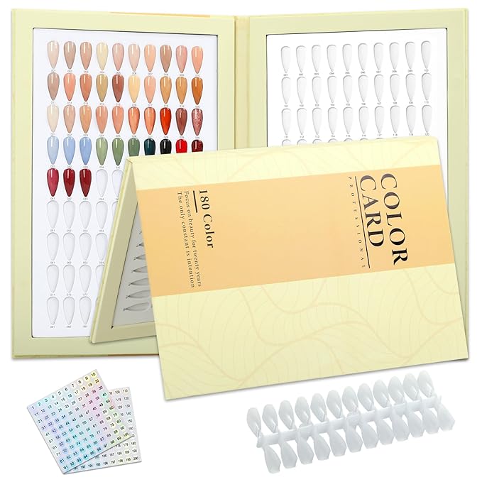 180 Nail Colors Book,Nail Color Display Book with 240 Nail Tips & 1-200 Number Labels,Professional Nail Color Swatches Book for Nail Polish UV Gel,Nails Art Design(Yellow)