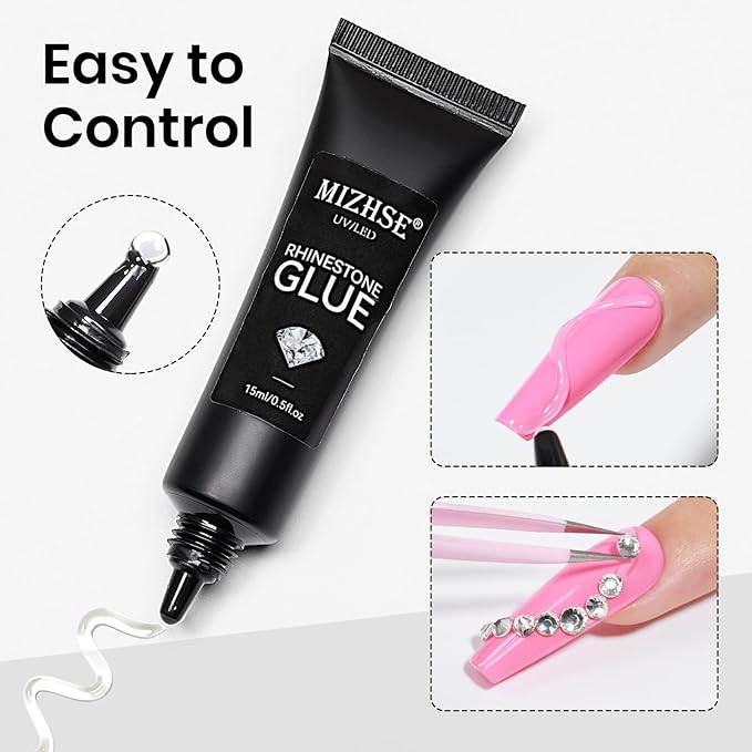 MIZHSE 30g Solid Builder Gel for Nails and 15g Rhinestone Glue, Clear Hard Nail Builder Gel 3D Sculpting Gels Non-Sticky U V LED Nails Charm Glue 3D Art Salon Home DIY