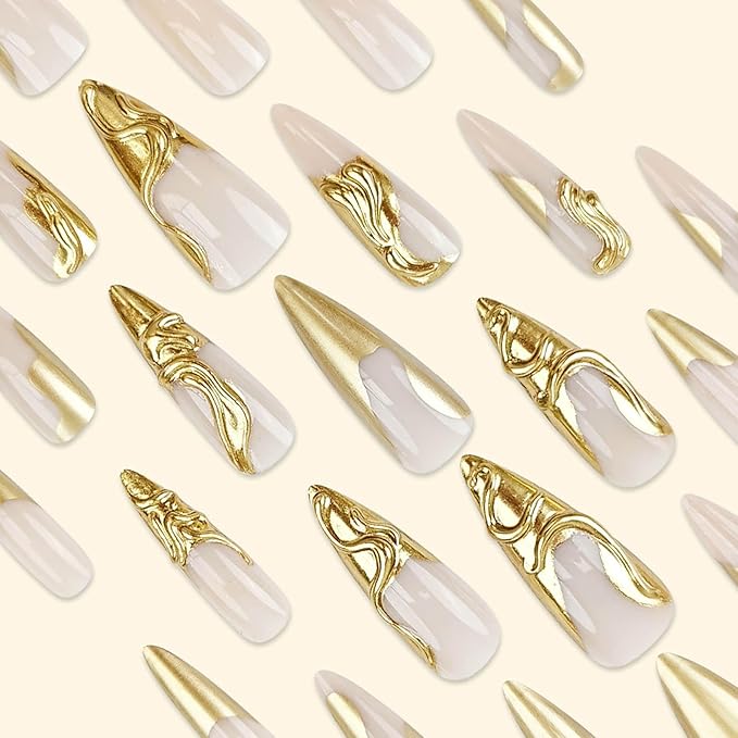 RTKHFZE Long Stiletto Press on Nails Light Taupe Color, 3D Gold Coat Full Cover Claw Nails for Women and Girls
