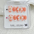 Handmade Press on Nails Medium Almond White French Acrylic Nails 3D Flower Embossed False Nails Reusable 3D Flower and Pearl Handmade for Girls Manicure Art Decoration Accessories (Size M)