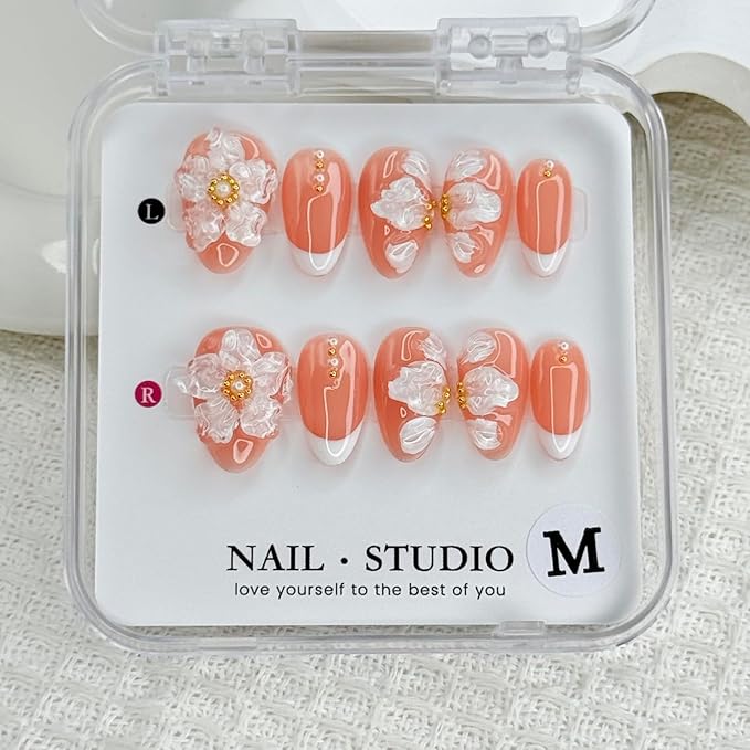 Handmade Press on Nails Medium Almond White French Acrylic Nails 3D Flower Embossed False Nails Reusable 3D Flower and Pearl Handmade for Girls Manicure Art Decoration Accessories (Size M)