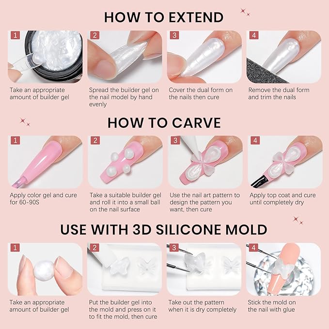 Pearl White Solid Builder Gel for Nails with 3D Flowers Nail Mold Extension Molding 3D Nail Art Gel Soak Off UV Gels