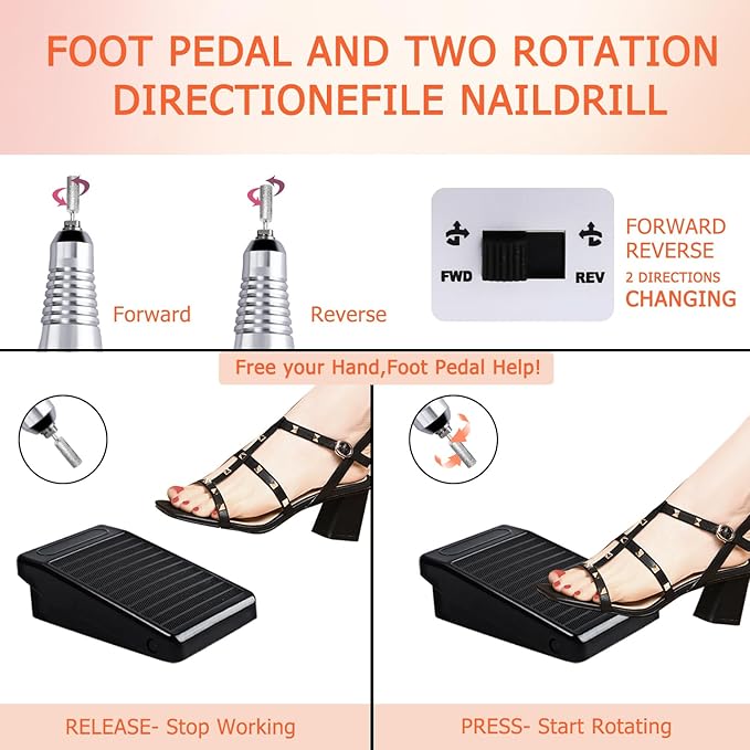 Professional Nail Drill Set 30000RPM E File Nail Drill Machine with Foot Pedal Nails Drill Bits Electric Acrylic Nail File Kits Nail Grinder for Gel Nails at Home Nail Salon Manicure Pedicure, White