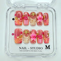 Handmade Press on Nails Medium Coffin Fake Nails Gradient French False Nails 3D Flower Artificial Acrylic Thick Stick on Nails Handmade for Women Manicure Art Decorations (Size S)