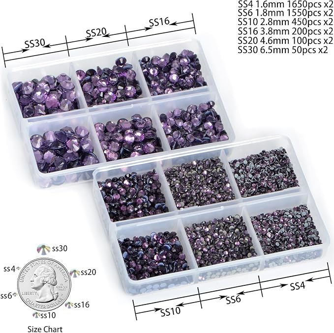 8000pcs Hotfix Rhinestones Flatback,Rhinestones for Crafts Clothes Mixed 6 Sizes, Hotfix Crystals with Wax Pencil Kit, SS4-SS30,Tazanite