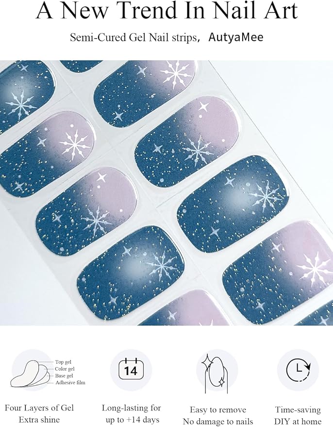 Semi Cured Gel Nail Strips (Blue Glitter), Christmas Snowflake, 20 Pcs Gel Nail Wraps, Stickers, Salon Quality, Long Lasting, Works with Any UV Lamps