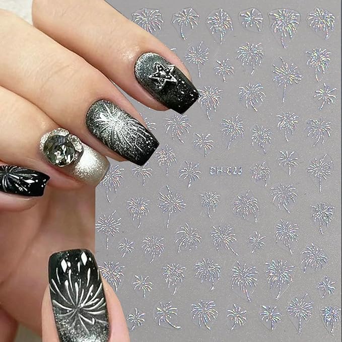 6Sheets Firework Nail Stickers Decal Aurora Fireworks Nail Art Stickers, 3D Self-Adhesive Romantic Starry Sky Sparkling Fireworks Manicure Supplies for Women DIY Holiday Manicure Decoration