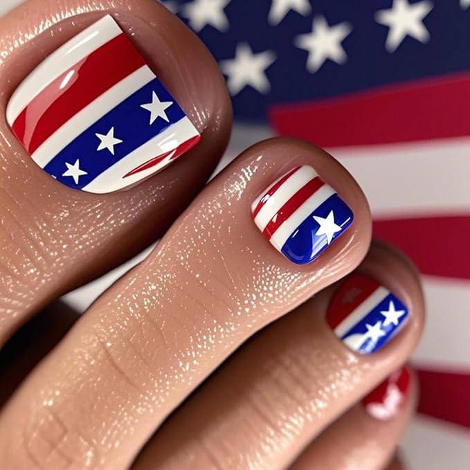 4th of July Press on Toenails Short Square Fake Toenails with Red Blue USA Flag Design White Star Glue on Toenails Glossy Summer Toenail Independence Day False Toenail for Women Girls Manicure 24Pcs