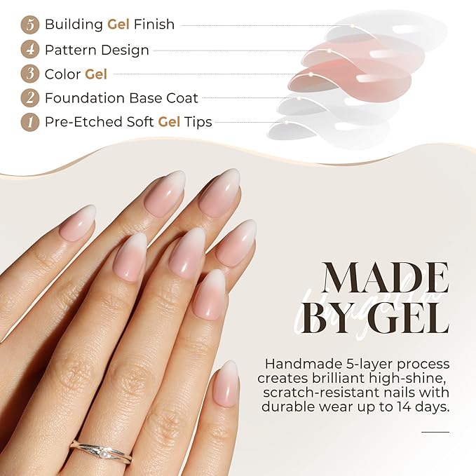 UNA GELLA Press On Nails Short Almond: Ombre Soft Gel Press Ons Kit with Nail Tips Glue on Nails, 16 Sizes - 32 Reusable Fake Nails, Pink Cream