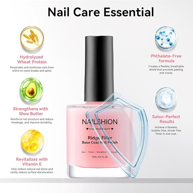 Nail Ridge Filler Base Coat Nail Strengthener Grow, Ridge Filler for Damaged Uneven Nails, VE Protein Formula, Smooth Flawless Base, Vegan, Salon-Quality Nail Art at Home, 0.5 fl. oz