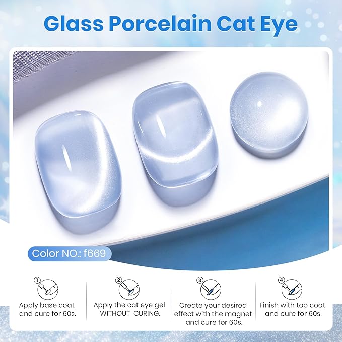 Beetles Blue Cat Eye Gel Polish, 15ML Light Blue Glass Cat Eye Glitter Gel Polish with Magnet Shimmer Translucent Sheer Color Soak Off UV Frosted Galaxy Series French Nail Art Gift for Women