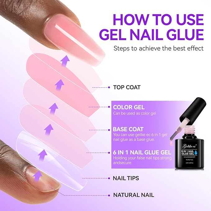Gelike EC Gel Nail Glue UV Light: Sheer Blush Pink 6 in 1 Adhesive Gel Nail Polish, Strong Nail Glue for Press On Nails Nails Acrylic Tips, Long Last - Nail Art Gift for Home Salon Beginner DIY