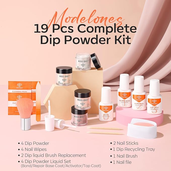 Modelones Dip Powder Nail Kit, 4 Colors Spring Summer Nude Pink Glitter Dipping Starter Set with Liquid and Complete Accessories for French Nails Art Salon DIY at Home Manicure