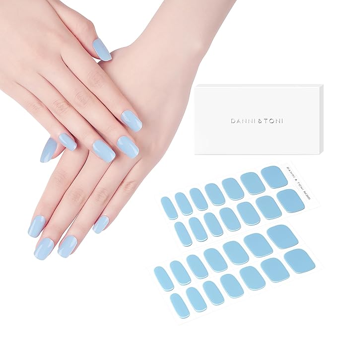 DANNI & TONI Semi Cured Gel Nail Strips Light Blue (Azure Horizon) Spring Summer Gel Nail Wraps UV Nails 28 Stickers Gift for Women