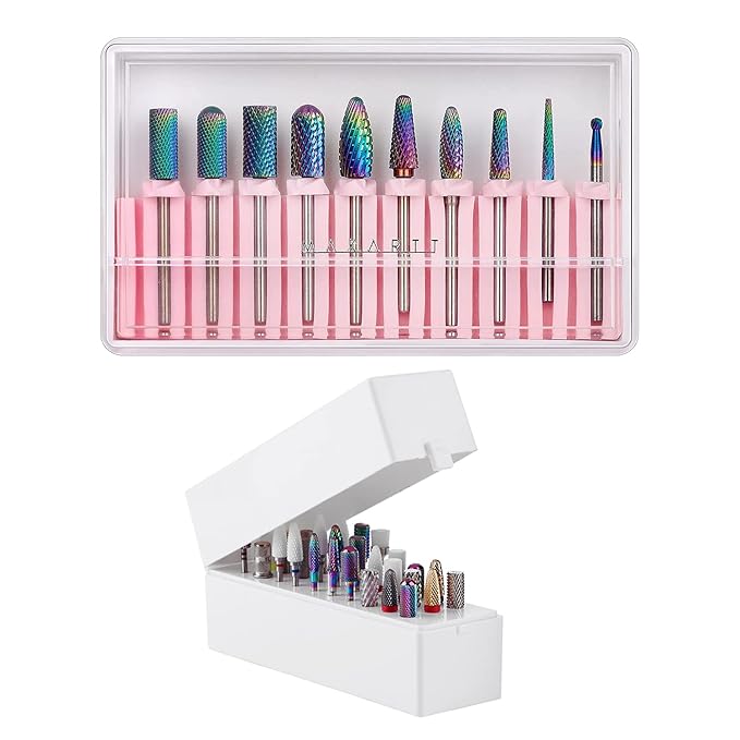 Makartt Nail Drill Bits Set with Nail Drill Bits Holder Bundle, 10Pcs Tungsten Carbide Nail Drill Bits, Nail Bits Organizer Container 30 Holes Manicure Tools (Not Inlcude Drill Bits)