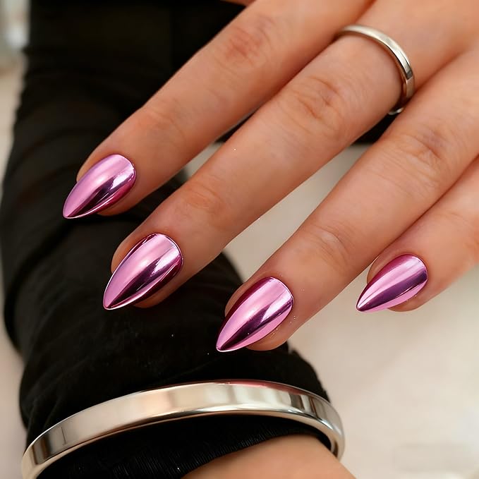 Chrome Press on Nails Short Almond, Metallic Baby Pink Fake Nails with a Sparkle Mirror Finish, Glitter Glue on Nails for Women Birthday Party, Thick Quality Soft Gel Nail Press ons 30 Pcs