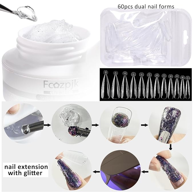 Solid Builder Gel - 60g Non-Sticky Hand Hard Gel for Nails With Dual Forms, 3D Sculpture Carving Modeling Design Extension Kit, Clear Salon Supplies