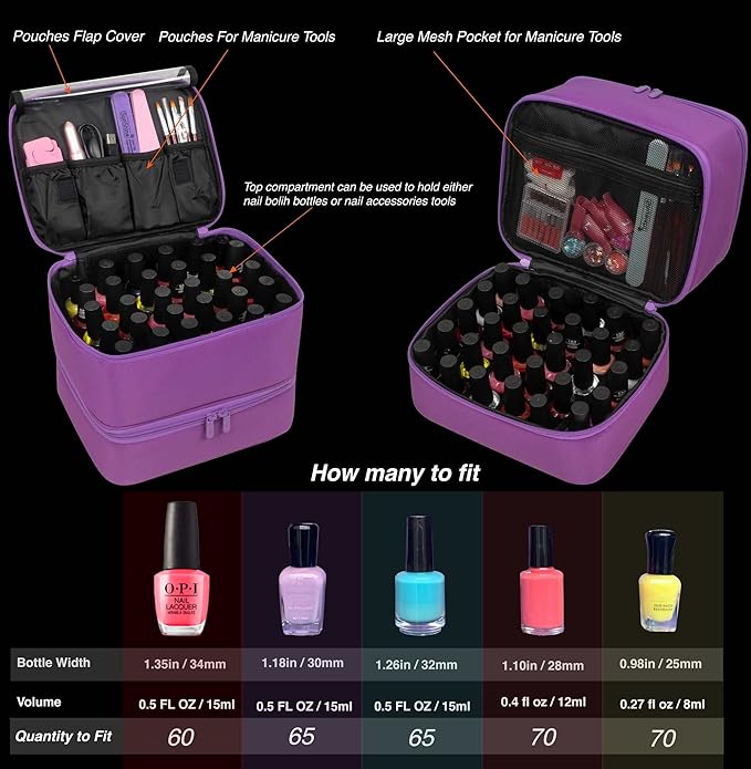 ButterFox Nail Polish Carrying Case Bag Storage Organizer, Fits up to 60 Nail Polish Bottles, Pockets for Manicure Accessories - Purple