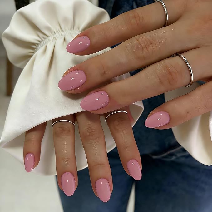 KQueenest Press On Nails Short - Mauve Pink Press On Nails Oval, 32 Pcs 16 Sizes Natural Short Fake Nails Press ons Almond, Reusable Opaque Glossy Gel Glue on Nail with Glue for Everyday Office Wear