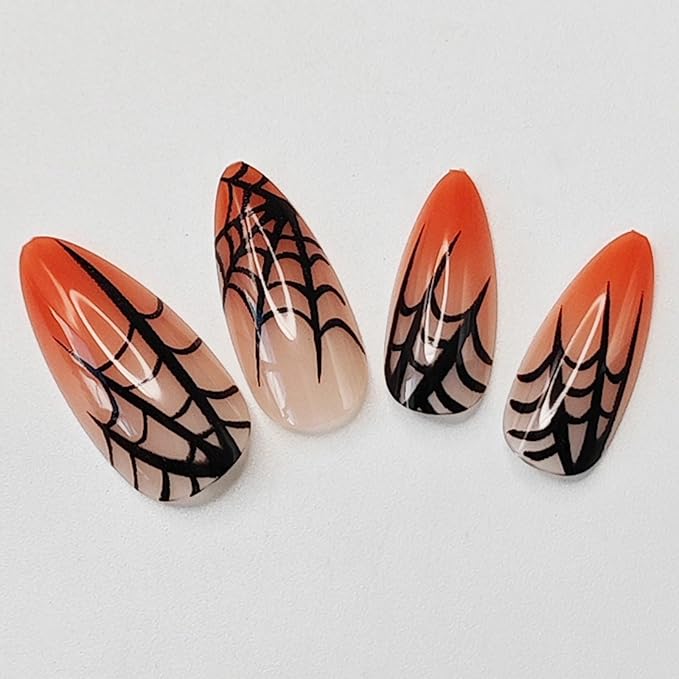 Halloween Press on Nails,Medium Almond Fake Nail with Spider & Spider Web Designs,Orange Nail Tip Acrylic Nails,Full Cover Glossy False Nails | Stick on Nails for Women Halloween Nail Art-24Pcs