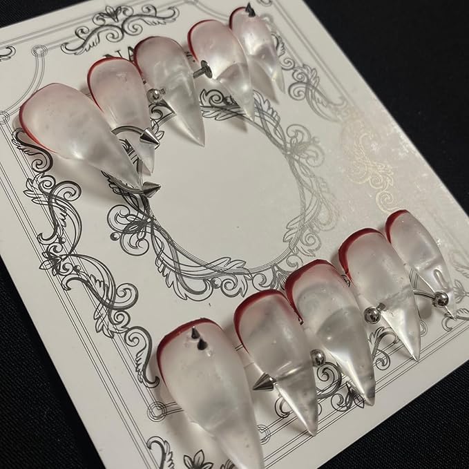 Luxury Press on Nails Medium Stiletto Handmade Eagle Claw Unique Reusable ABS Material White Fake Nails Dragon Cat Claw False Nails with Rivet Designs Glossy Glue on Nail Curved Thick Acrylic Nail(M)
