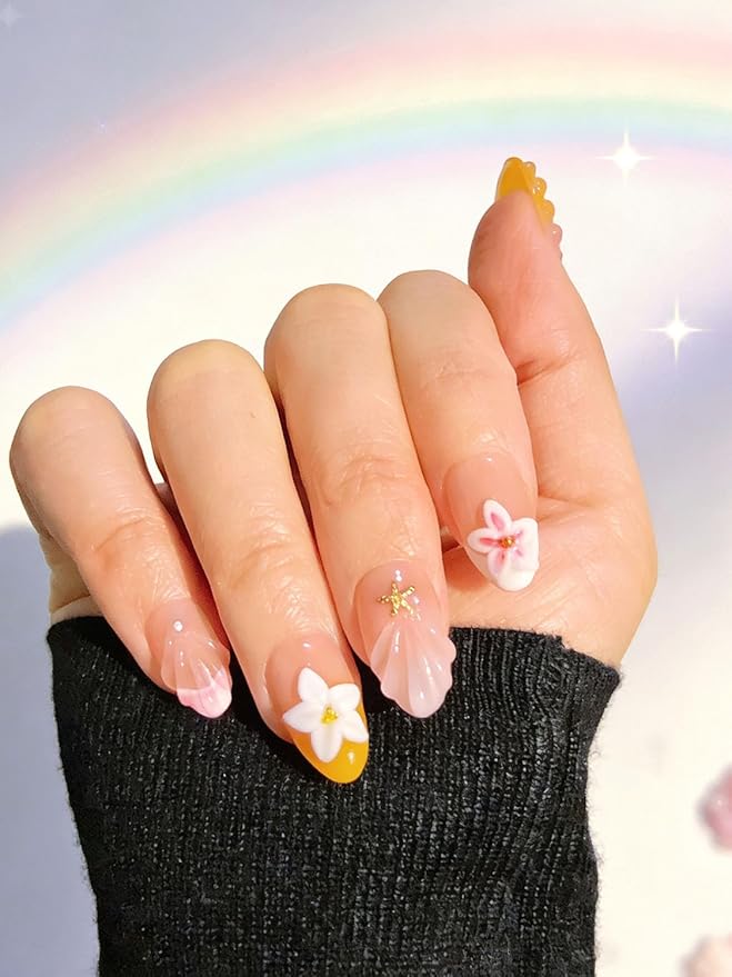 10Pcs Short Almond Handmade Press On Nails | Nude Pink & Yellow Ombre with 3D Seashell, Flower & Starfish Decor | Reusable Salon-Quality Fake Nails for Women and Girls (25902, XS)