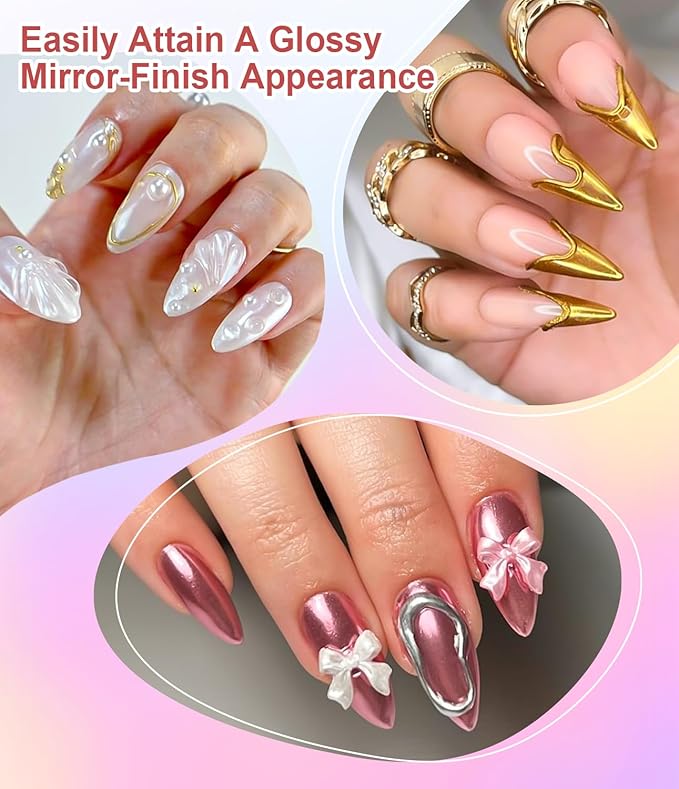 Chrome Nail Powder and 3D Nail Gel Kit BISHENGYF: 15g No Wipe 3D Sculpting Gel Aurora White Pearl Silver Gold Chrome Nail Powder with Clear 3D Carving Nail Molding Glue Set for Nail Art Decoration