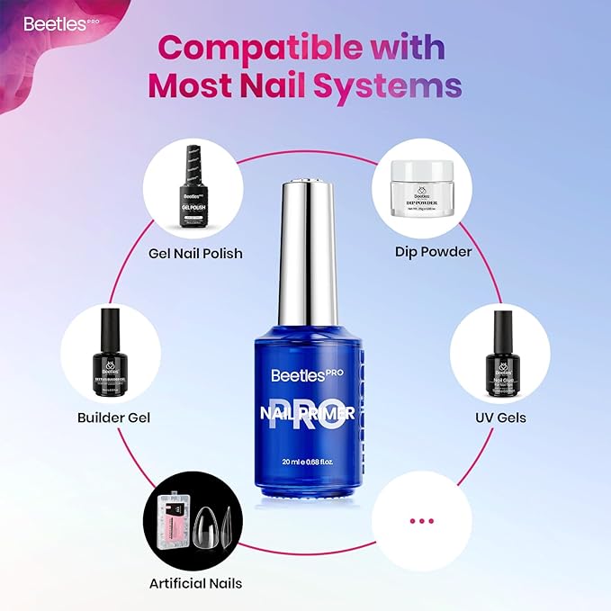 Beetles Pro Nail Primer for Gel Nail Polish, 20ml Primer Hema-Free & Acid Free Nail Bond Prep Acrylic Supplies Fast Dry Nail Supplies Professional Salons Manicured