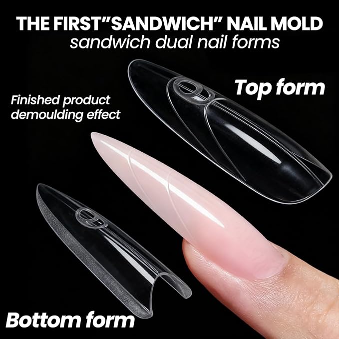 Sandwich Nail Dual Forms - 240Pcs | Almond Round Shape Nail Extension Kit with Alignment Guides | Reusable Mold for Builder Gel & Polygel (Almond round)