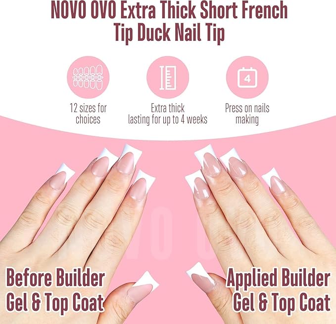 NOVO OVO White French Tip Short Duck Nail Tips Press on, BABY PINK Pre-designed Soft Gel Nail Extension, Extra thick Full Cover Matte Vrial False Nails for DIY x 12 Sizes 240 pcs