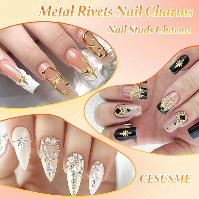 Silver Gold Nail Beads for Nail Art, Metal Caviar Nail Beads, Nail Pearls for Nail Art, Silver Gold Cross Star Nail Studs Rivet Charms for Nails Design DIY Craft Accessories