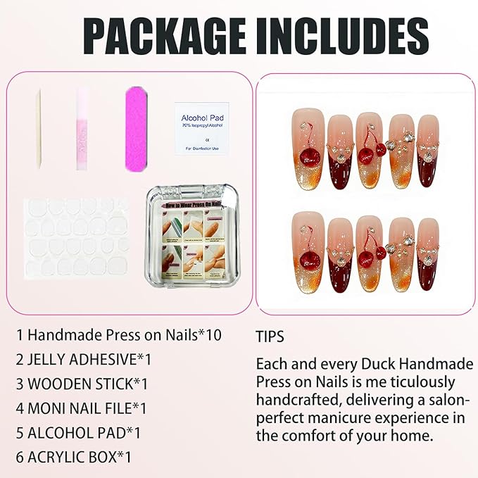 Handmade Press on Nails Square Sweet and Alluring Style Cherry Burgundy Nail Art with Rhinestone Embellishments Acrylic Nails Press on Handmade Nails Luxury Press on Nails（L）