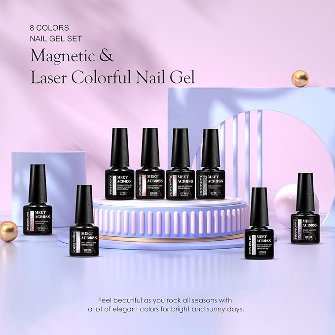 MEET ACROSS 8pcs Gel Nail Polish Set, UV LED Lamp, Nail Art Kit (7ml Cat Eye Glitter Gel Polish)