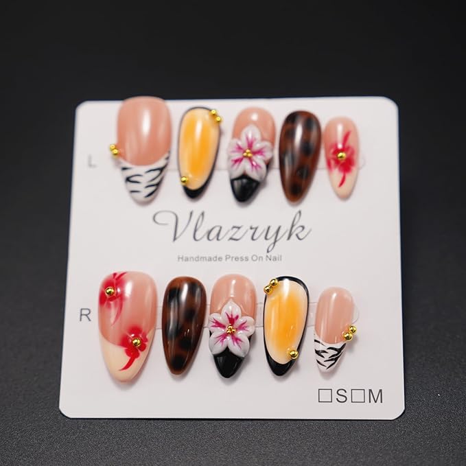 Handmade Press On Nails – Luxury 3D Flower French Tip Designs ， Medium Almond Reusable False Nails for Women & Girls ，Salon-Quality Autumn Winter Nail Art (10PCS)