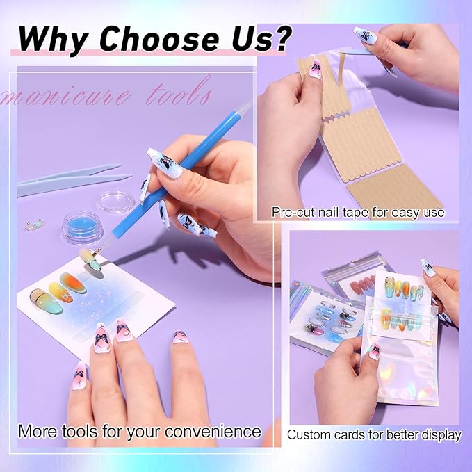 100PCS Press on Nail Packaging Bag, 100PCS Display Card with 231 Pcs Pre-cut Adhesive Tape & Diamond Art Pens & Glue Clay & Tweezers, 6-in-1 Set for Nail Display (Laser)