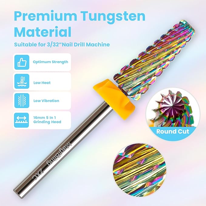 2XC 5 in 1 Nail Drill Bits, 16mm Tapered 3/32'' Professional Tungsten Carbide Bits for Efile, 2 Rotation for Electric Drill, Remove Thick Gel Acrylic Fast, Technicians Bits, Double Coarse