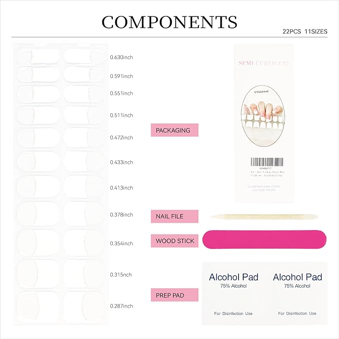 Semi Cured Gel Nail Strips White French Tips Nail Strips with UV/LED Required Long Lasting Gel Nail Stickers Includes 22 Strips 2 Prep Pads, Nail File & Wooden Stick