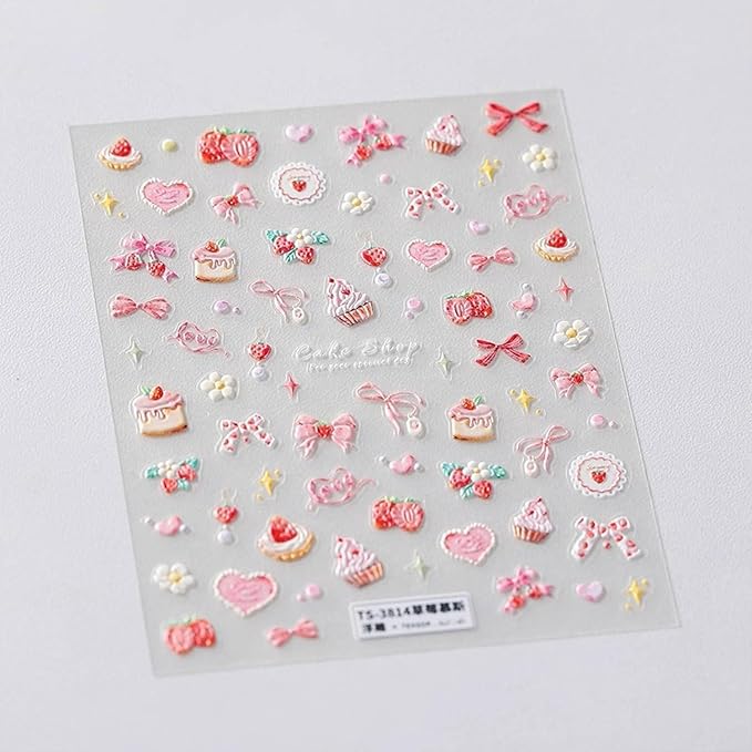 5D Embossed Nail Art Stickers Pink Nail Decals Bow Heart Cake Design Nail Stickers Cute Strawberry Nails Decoration for Women Grils Manicure Accessories