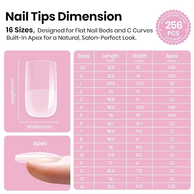 Beetles Tipex Lite Pre-Built Apex Gel Nail Tips, Square Short, 256pcs Value Pack, 16 Sizes, Flat-Nail Friendly Acrylic Tips for Natural Nail Beds, Easy for Beginner DIY