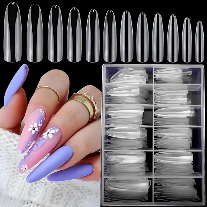 LoveOurHome 240pc XL Clear Almond Acrylic Nail Tips Full Cover Extra Long Fake Nails Oval Press on Nail Clear 12 Size False Naills for Gel Nail Extension Finernails Designs
