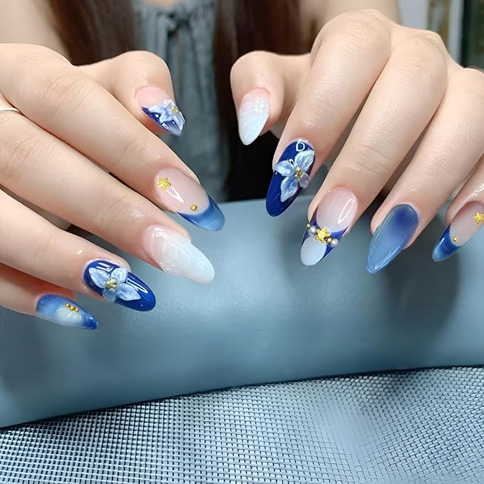 Blue Press on Nails Medium Almond Fake Nails French Tip Glue on Nail Flower Nails Press Ons with Rhinestones Design Glossy False Nails Acrylic Stick on Nail for Women Decorations 24Pcs