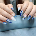 Blue Press on Nails Medium Almond Fake Nails French Tip Glue on Nail Flower Nails Press Ons with Rhinestones Design Glossy False Nails Acrylic Stick on Nail for Women Decorations 24Pcs