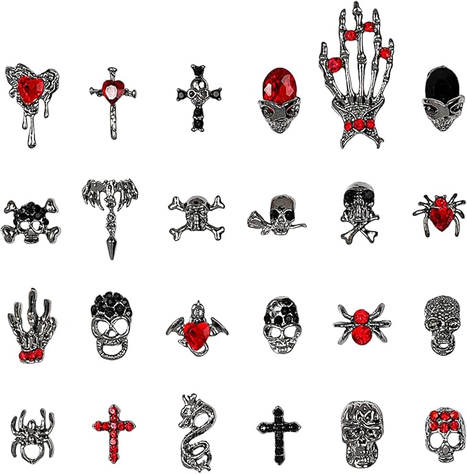 Halloween Nail Charms,48pcs Ghost Head Spider Skull Hand Cross Nail Gems with Rhinestones,Retro Skeleton Spider Gold Silver Alloy Nail Art Jewelry Decoration for DIY Halloween Nail Design Crafts