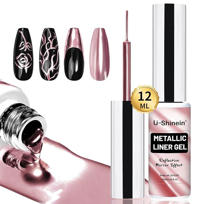12ml Metallic Painting Gel Liner Nail Art 3D Mirror Chrome Effect Metal Painted Drawing Build in Thin Brush Soak Off UV/LED Rose Gold Striper Gel for Salon DIY Manicure