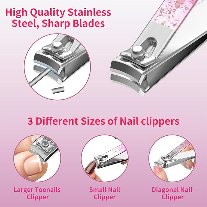 Nail Clippers Set Fingernail and Toenail Clipper Cutters, Professional Manicure Pedicure Kit 18Pcs, Nail Care Grooming Tools with Luxurious Travel Case (Diamond Rose)