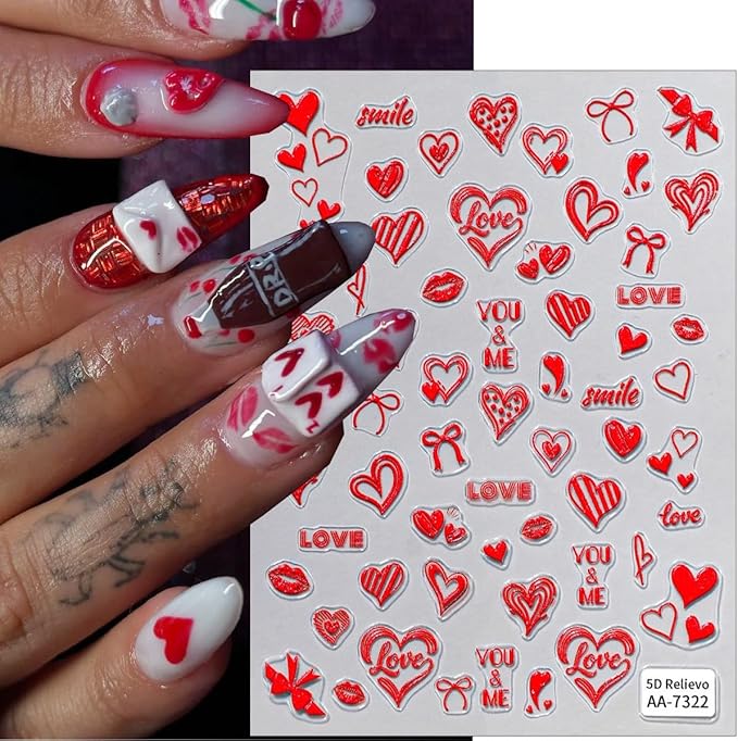 4Pcs Valentines Day Nail Stickers 5D Embossed Red Lips Heart Nail Art Stickers Leopard Print Lips Bow Love Designs Self-Adhesive Nails Art Supplies Holiday Nail Decals for Women Manicure Decorations