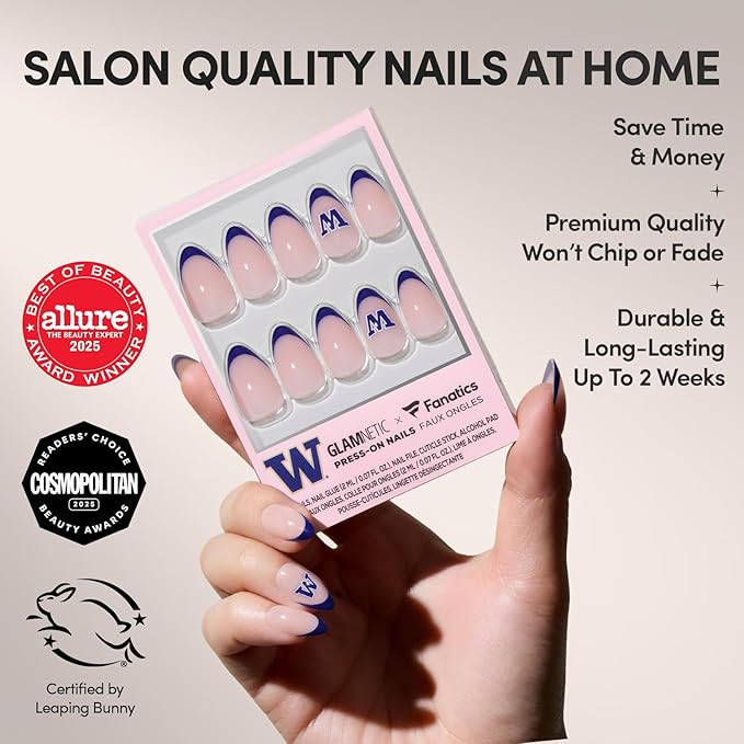 Glamnetic x Fanatics Press On Nails - Washington Huskies | Short Almond Fake Nails, Collegiate Huskies Purple French Tips, College Nails, Salon-Quality | 15 Sizes - 30 Nail Kit with Glue
