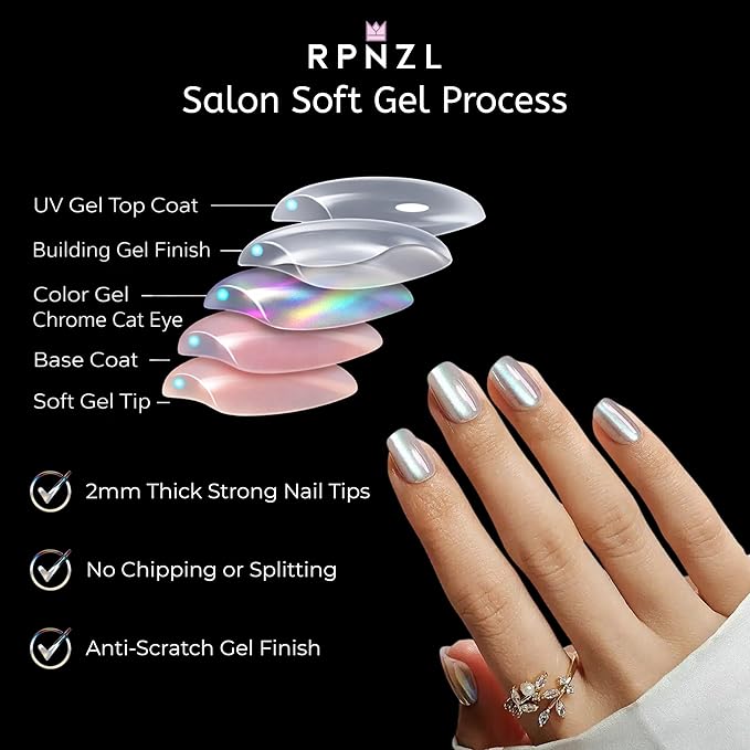 Press On Nails - Opal | Chrome Cateye High Gloss Square Fake Nails, Salon Quality| 32 Nails, 16 Sizes Kit with Glue and Adhesive Tabs I Female Founded - Beauty, Self Care
