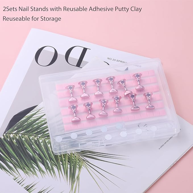 Etercycle Nail Stand Press On Nail Stand Nail Holder for Painting Nails Magnetic Nail Tips Practice Stands with 80Pcs Reusable Putty (Pink)