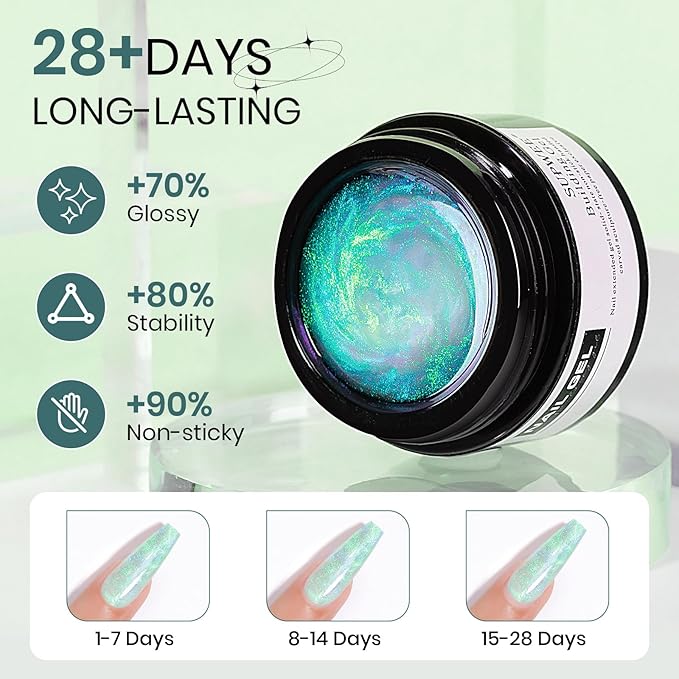 Solid Builder Gel for Nails Clear and Aurora Green 3D Nail Gel Art Non-Stick Hand Sculpture Hard Gel with Dual Form for 3D Modeling Nail Art Home Manicure DIY for Women